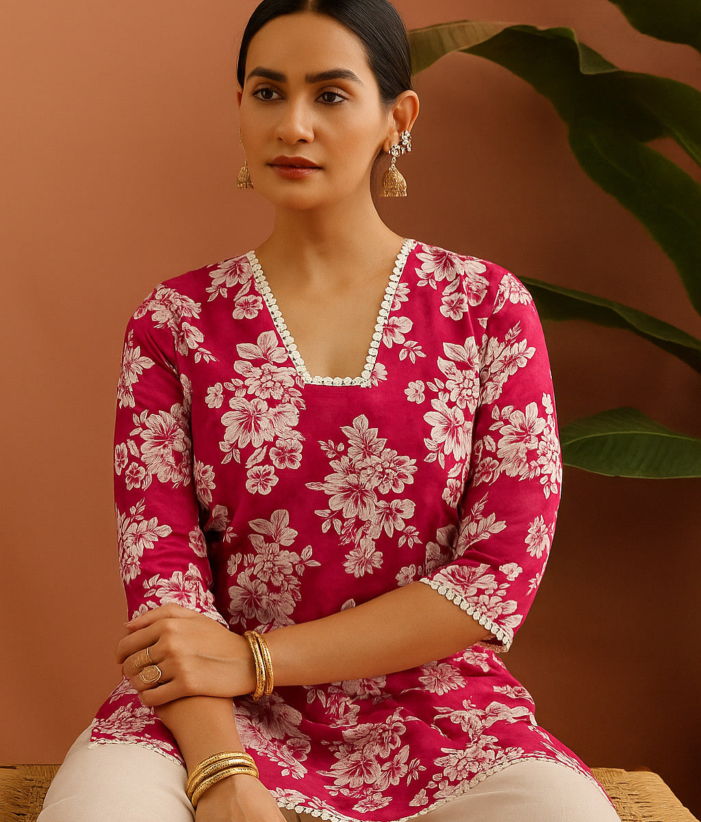 Crimson Petal V-Neck Cotton Kurti