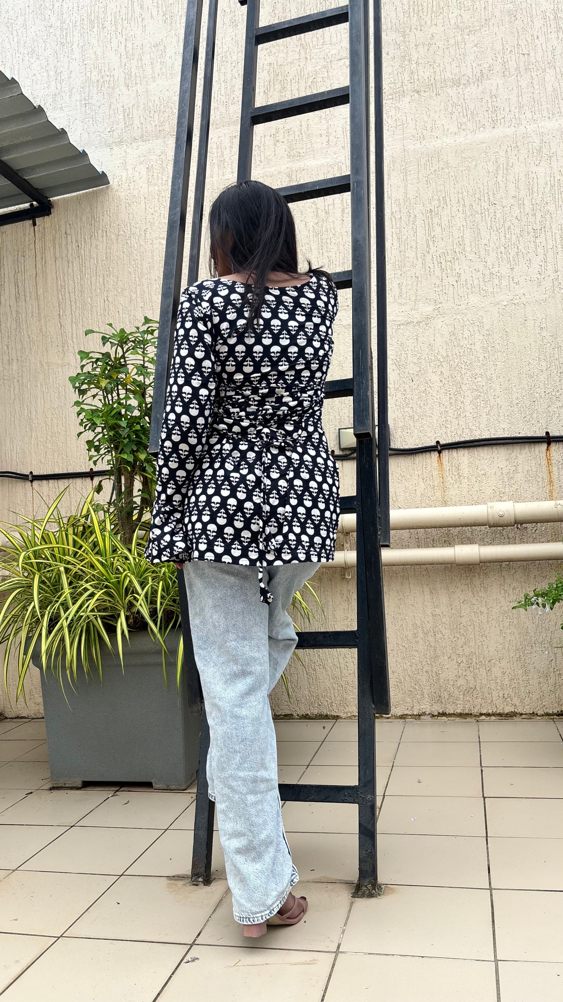 Midnight Bloom Tie-Back Cotton Kurti