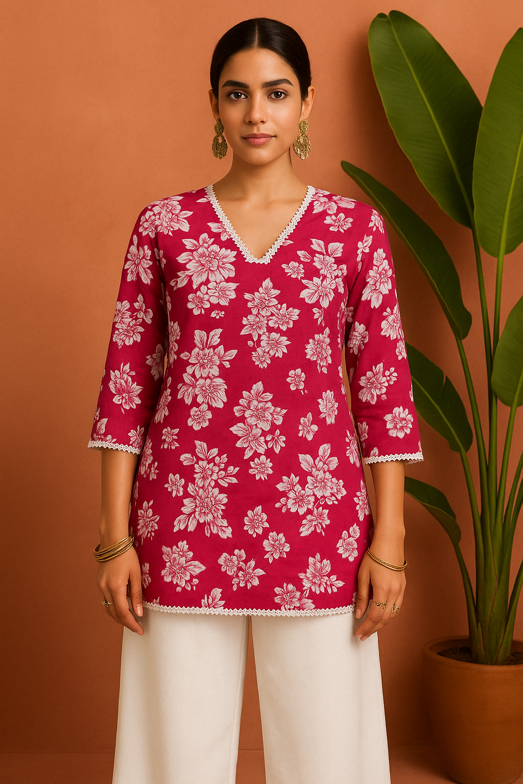 Crimson Petal V-Neck Cotton Kurti
