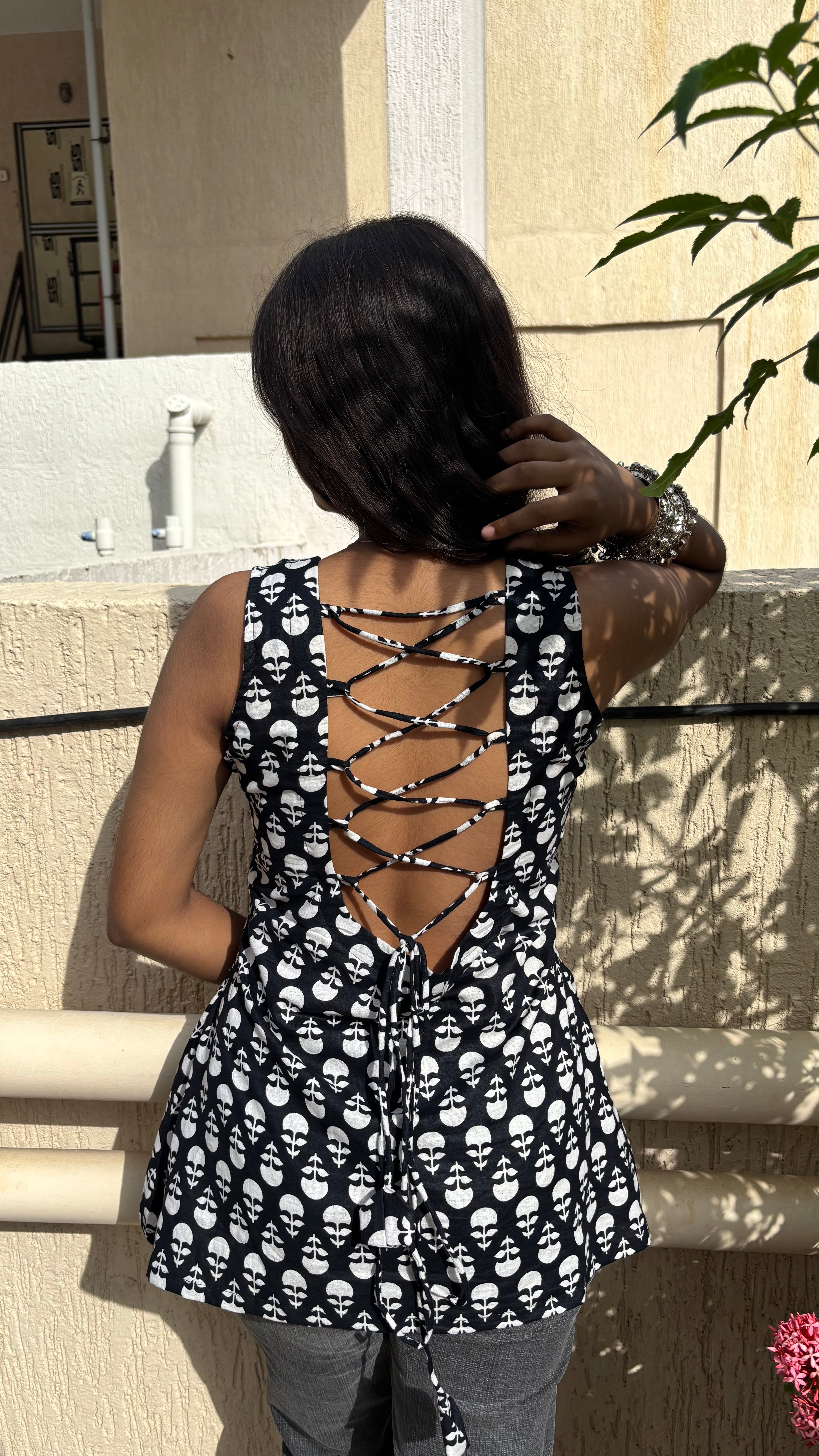 Midnight Bloom Tie-Back Cotton Kurti